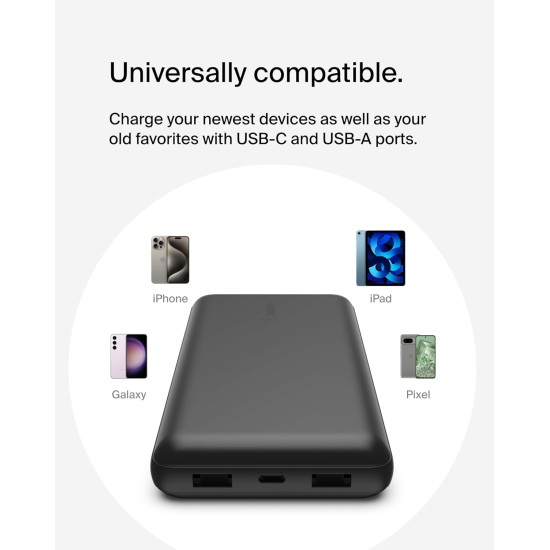 Belkin 20000 mAH Lightweight/Slimmest Power Bank w/ 1 USB-C Port and 2 USB-A Ports | 15W Charging for iPhone Series, Samsung Galaxy, Google Pixel & More | 2 Years Warranty & Upto 2L CEW (Open Box) - Image 3