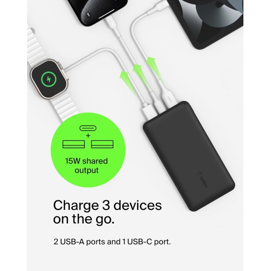 Belkin 20000 mAH Lightweight/Slimmest Power Bank w/ 1 USB-C Port and 2 USB-A Ports | 15W Charging for iPhone Series, Samsung Galaxy, Google Pixel & More | 2 Years Warranty & Upto 2L CEW (Open Box) - Image 2