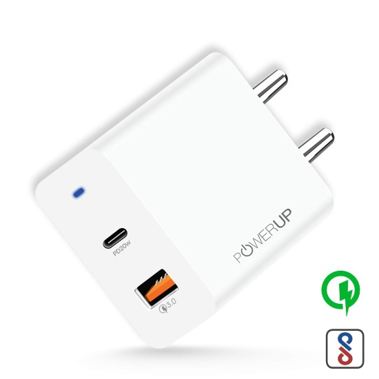 POWERUP Turbo Max Dual Port 20W PD Type-C & USB-A QC 3.0 Fast Charging Wall Charging Adapter for Smartphones/Tablet with BIS Certified in-Built Auto-Detect Technology (Sealed) - Image 2
